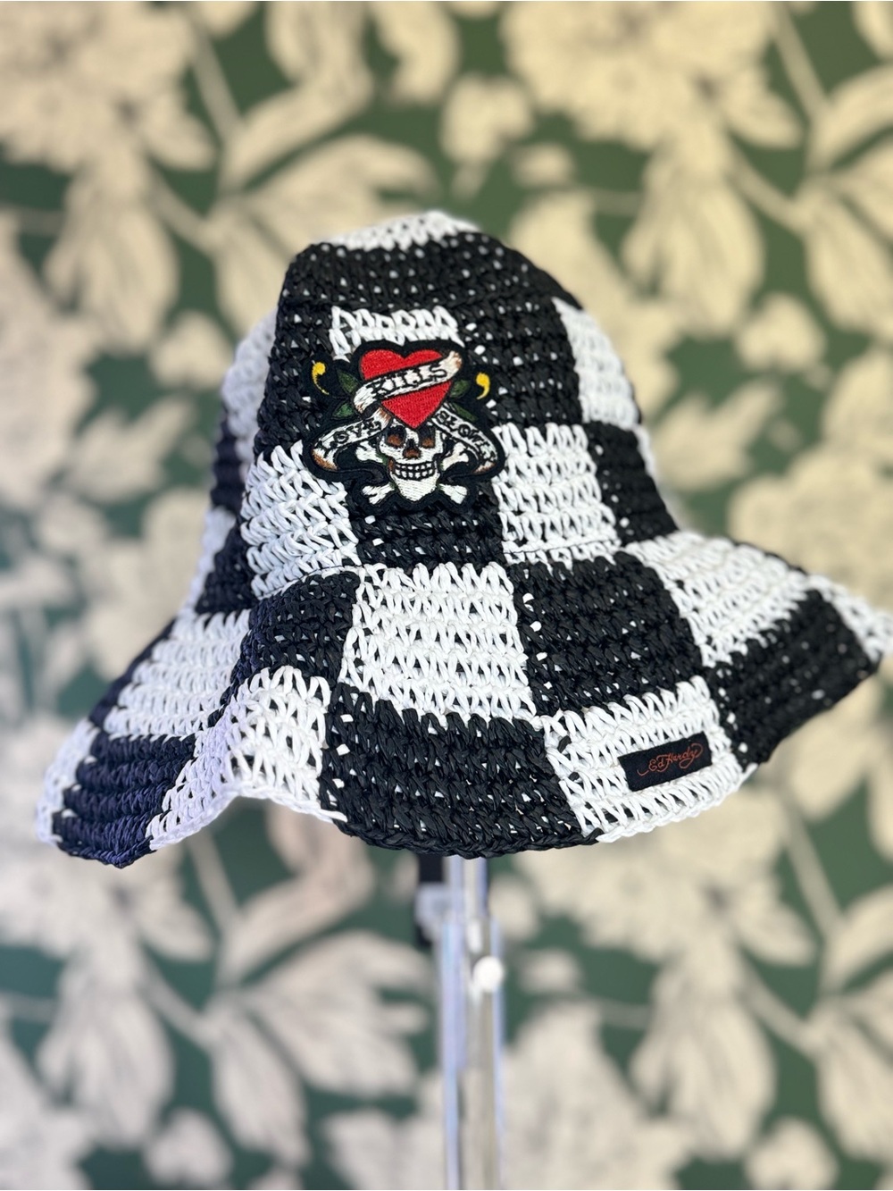Ed Hardy Black & White Checkered Crochet Bucket Hat NWT